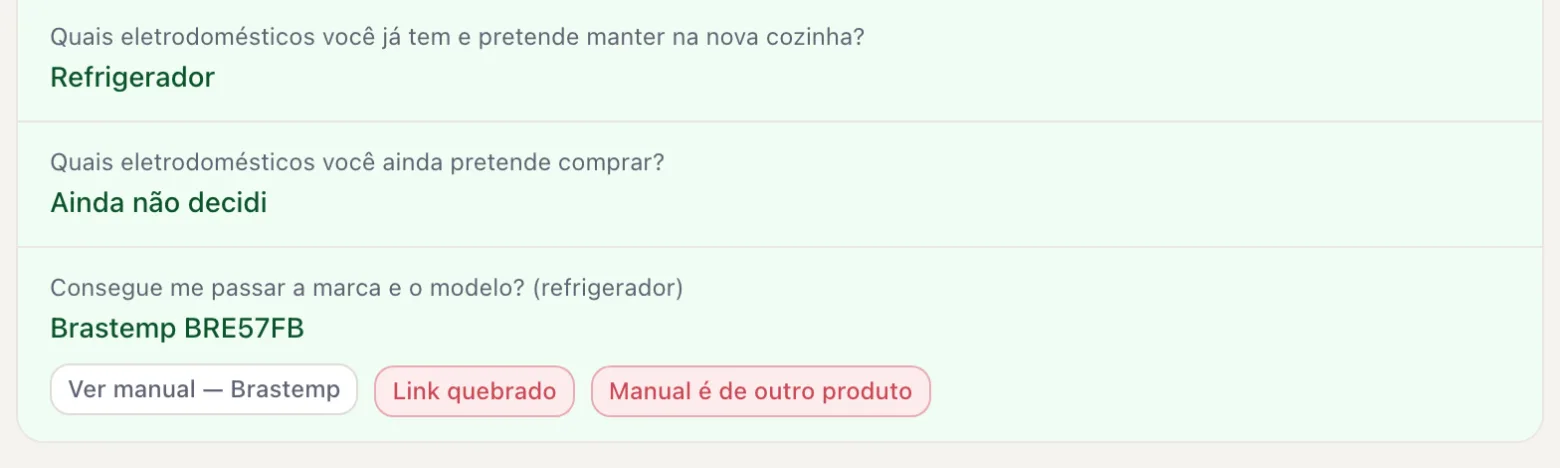 Trecho do relatório do projetista: para o eletrodoméstico informado, o botão Ver manual da marca.