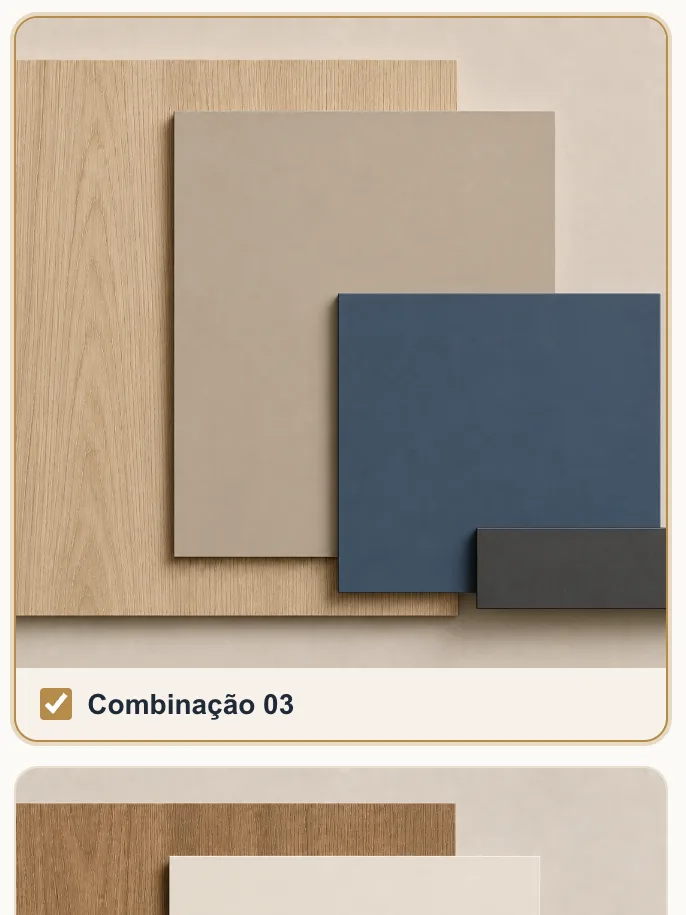 Combinações de materiais para o cliente escolher.