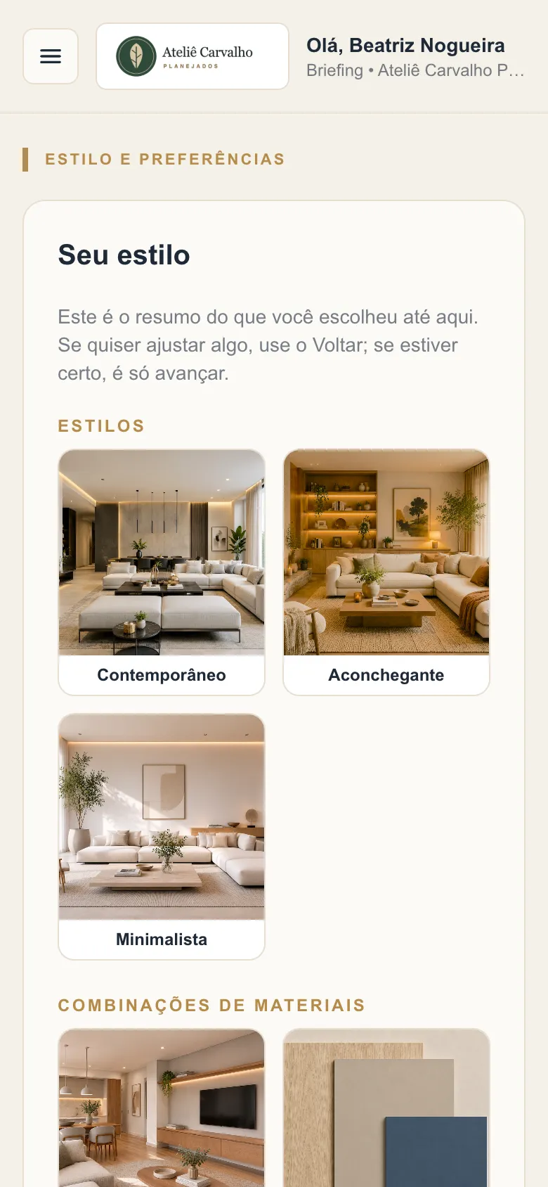 Resumo do estilo escolhido pelo cliente.
