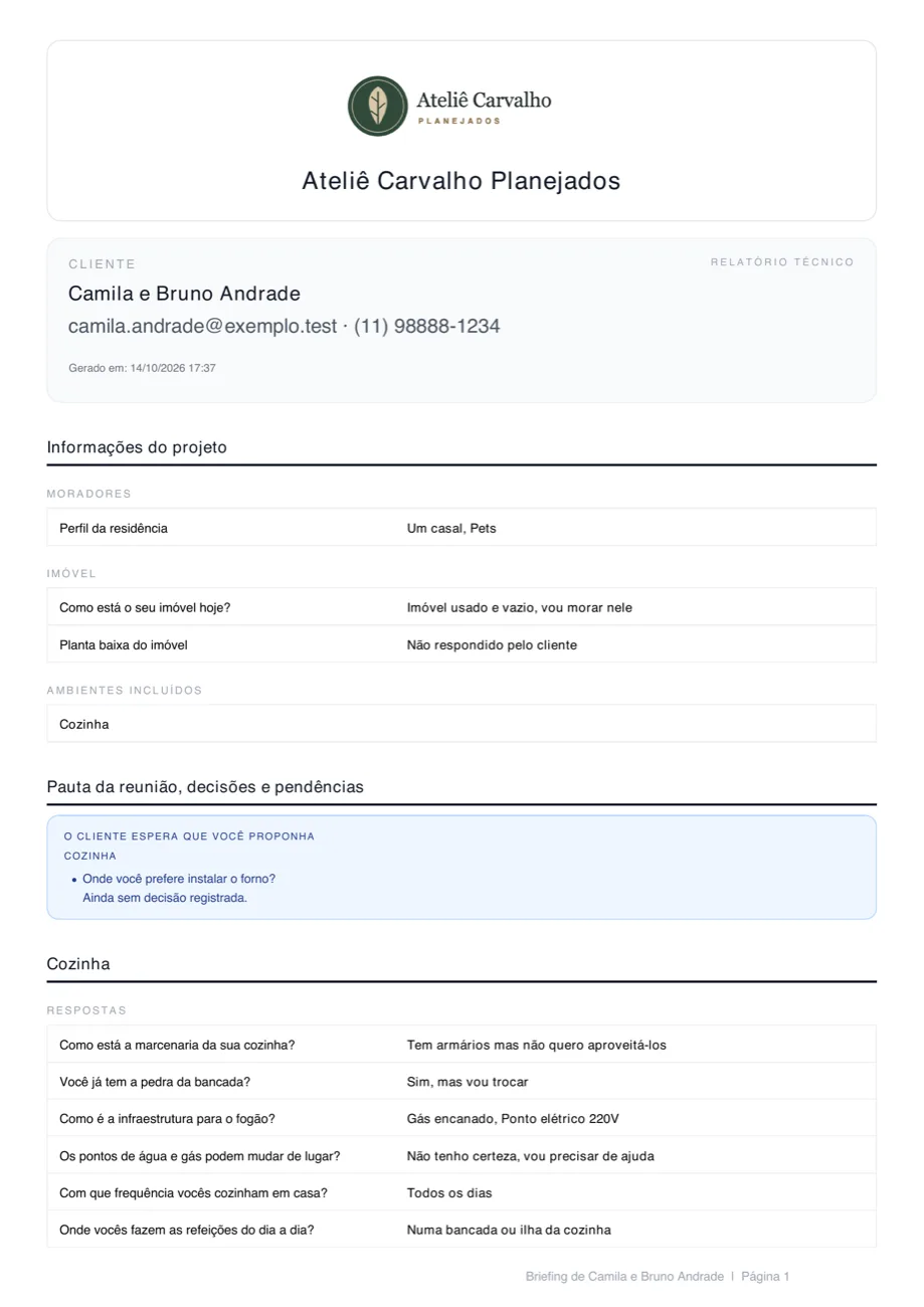 Primeira página do relatório técnico em PDF, com o logo da loja, os dados do cliente e a pauta da reunião.
