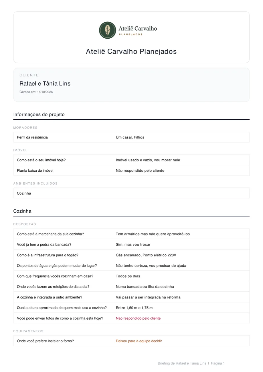 Primeira página do resumo em PDF que o cliente recebe, com o logo da loja e as respostas organizadas.